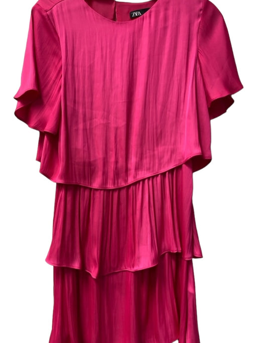 Zara Size S Hot pink Polyester Round Neck Ruffle Sleeve Detail Tiered Dress Hot pink / S