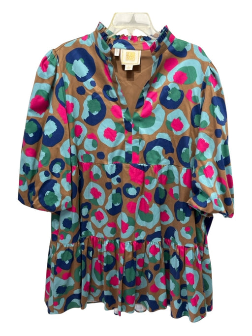 Emily McCarthy Size L Brown, Blue, Multi Lyocell blend Abstract Print Dress Brown, Blue, Multi / L