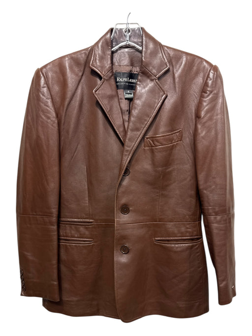 Ralph Lauren Size 4 Brown Leather 3 Button Front Pockets Blazer Jacket Brown / 4