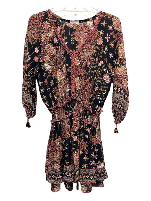 Poupette St. Barth Size Small Black, Pink & Orange Viscose Floral V Neck Dress Black, Pink & Orange / Small