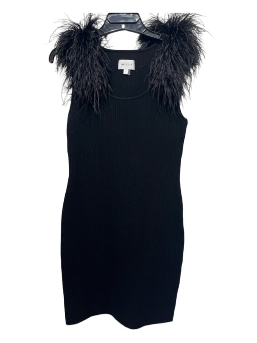 Milly Size Small Black Viscose & Polybutylene Ribbed feather Shoulder Dress Black / Small