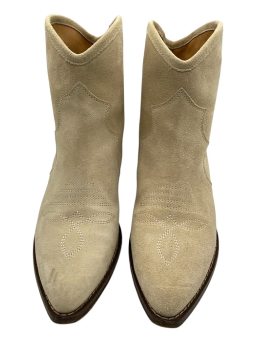 Isabel Marant Shoe Size 37 Taupe Beige Suede Stacked Heel Pointed Toe Booties Taupe Beige / 37