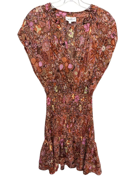 A.L.C. Size 2 Orange, Brown, Pink Silk Blend Floral Abstract Smocked Waist Dress Orange, Brown, Pink / 2