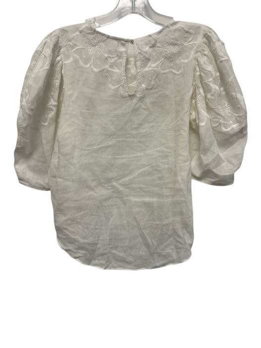 Veronica Beard Size 2 White Ramie embroidered floral balloon half sleeve Top White / 2