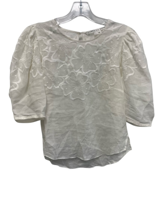 Veronica Beard Size 2 White Ramie embroidered floral balloon half sleeve Top White / 2
