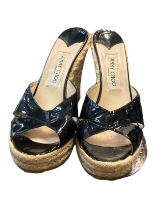 Jimmy Choo Shoe Size 39 Black & Tan Patent Leather Peep Toe Cross Charm Wedges Black & Tan / 39