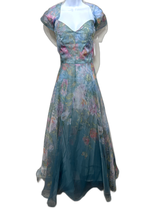 RENE RUIZ Size 8 Blue, Green, Pink Polyester Off Shoulder Floral Boning Gown Blue, Green, Pink / 8