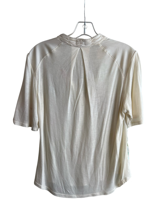 Tiny Size S Beige Rayon Short Sleeve Floral Embroidery Lined V Neck Top Beige / S