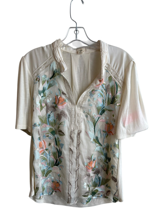 Tiny Size S Beige Rayon Short Sleeve Floral Embroidery Lined V Neck Top Beige / S