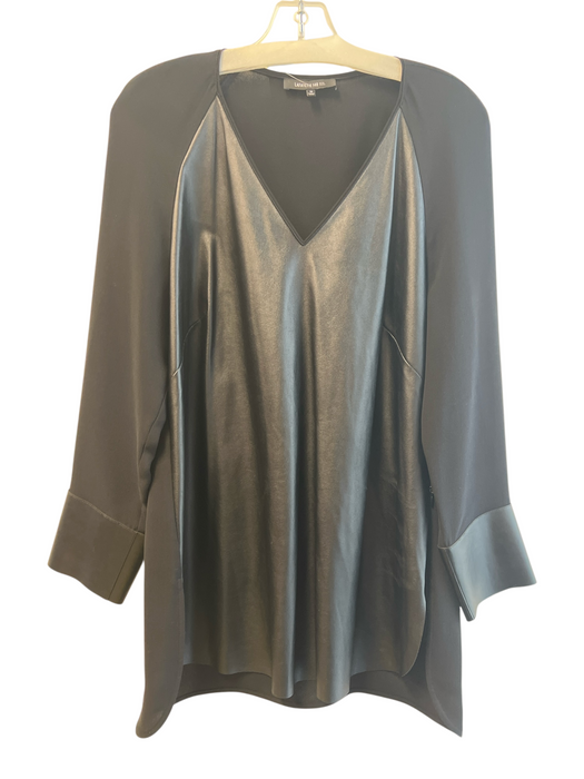 Lafayette 148 Size 10 Black Silk Polyester Long Sleeve V Neck Side Zip Top Black / 10