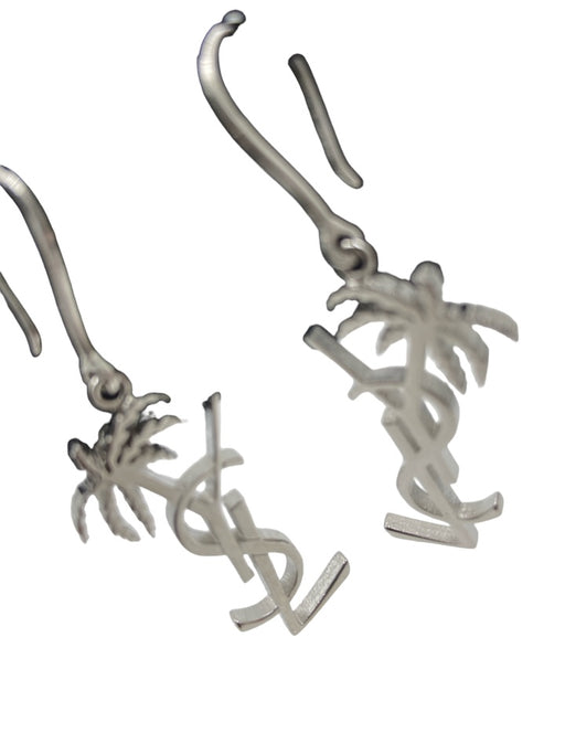 Yves Saint Laurent Silver Metal Logo Palm Tree Hook Earrings Silver