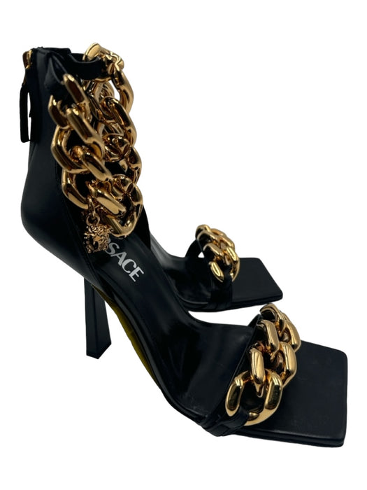Versace Shoe Size 38.5 Black & Gold Leather Ankle Chain Square Toe Pumps Black & Gold / 38.5