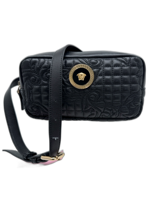 Versace Black Nappa Leather Quilted Medusa Gold Tone Hardware belt Bag Black / Small