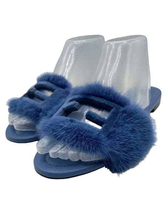Fendi Shoe Size 38 Blue Suede Mink Fur Accent FF Motif Slide Shoes