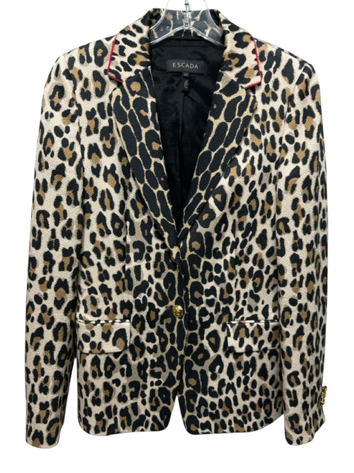 Escada Size 38 Beige, Tan & Black Cotton Blend Gold button Cheetah Blazer Jacket Beige, Tan & Black / 38