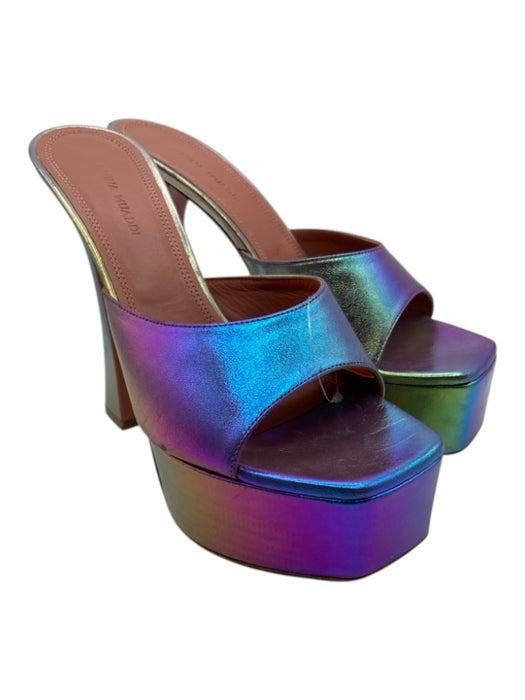 Amina Muaddi Shoe Size 38 Purple Iridescent Leather Square Toe Platform Sandals Purple Iridescent / 38