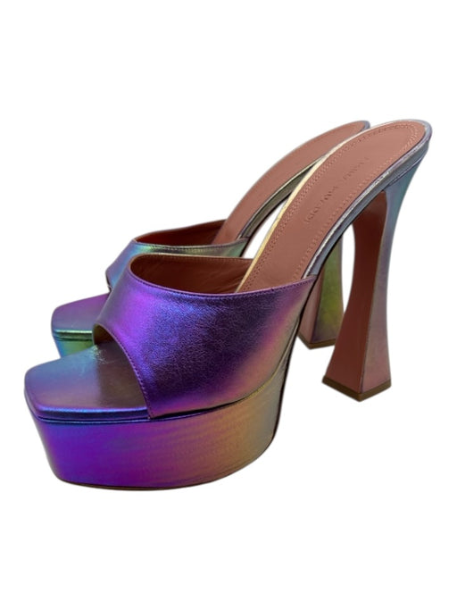 Amina Muaddi Shoe Size 38 Purple Iridescent Leather Square Toe Platform Sandals Purple Iridescent / 38