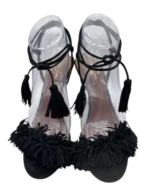 Aquazzura Shoe Size 38 Black Suede Fringe Ankle Tie Tassle Detail Sandals Black / 38