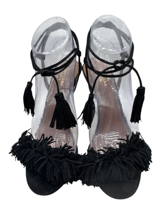 Aquazzura Shoe Size 38 Black Suede Fringe Ankle Tie Tassle Detail Sandals Black / 38