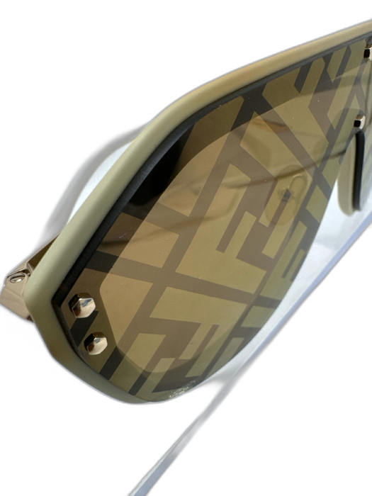 Fendi Cream & Brown Acetate gold tone metal Zucca case incl Shield Sunglasses Cream & Brown