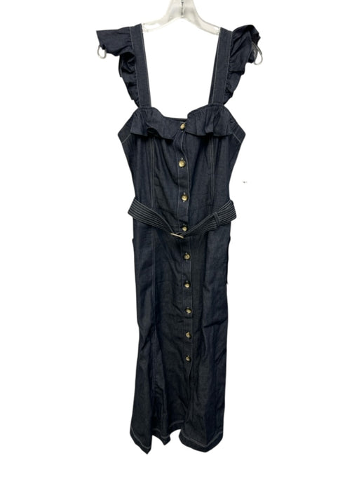 Atsu Size 10 Med Wash Cotton Denim Contrast Stitch Ruffle Straps Belted Dress Med Wash / 10