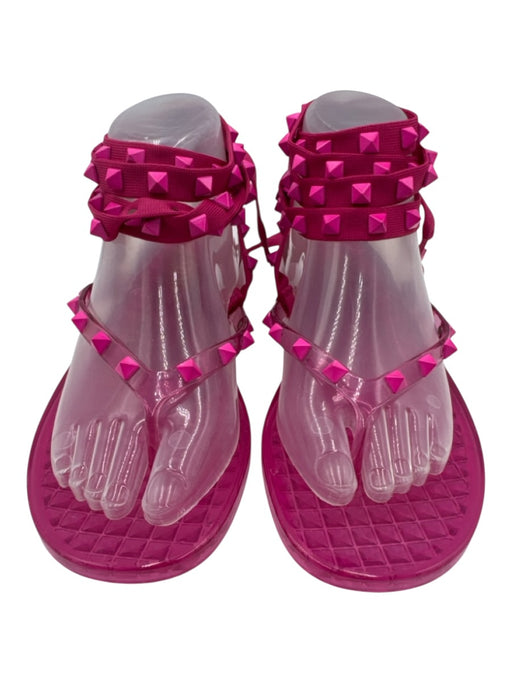 Valentino Shoe Size 38 Pink PVC Wedge Rock Studs Ankle Wrap Thong Sandals Pink / 38