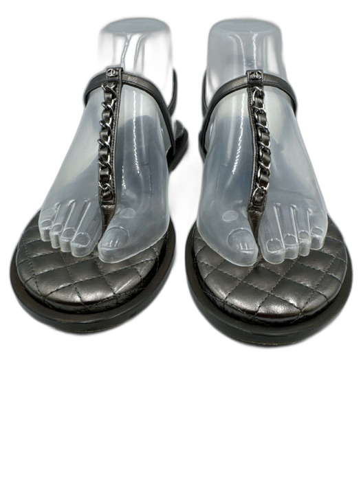 Chanel Shoe Size 37.5 Gunmetal Chain Quilted Ankle Strap Round Toe Thong Sandals Gunmetal / 37.5
