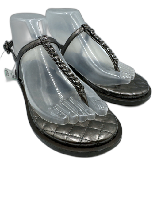 Chanel Shoe Size 37.5 Gunmetal Chain Quilted Ankle Strap Round Toe Thong Sandals Gunmetal / 37.5