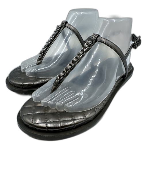 Chanel Shoe Size 37.5 Gunmetal Chain Quilted Ankle Strap Round Toe Thong Sandals Gunmetal / 37.5