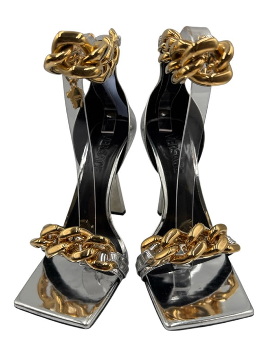 Versace Shoe Size 38.5 Silver, Black, Gold Leather Back Zip Chain Strap Pumps Silver, Black, Gold / 38.5