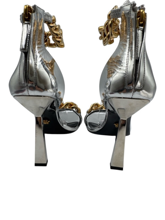 Versace Shoe Size 38.5 Silver, Black, Gold Leather Back Zip Chain Strap Pumps Silver, Black, Gold / 38.5