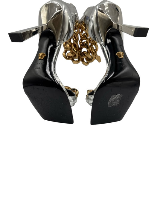 Versace Shoe Size 38.5 Silver, Black, Gold Leather Back Zip Chain Strap Pumps Silver, Black, Gold / 38.5