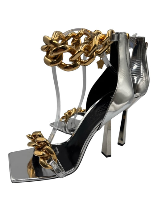 Versace Shoe Size 38.5 Silver, Black, Gold Leather Back Zip Chain Strap Pumps Silver, Black, Gold / 38.5