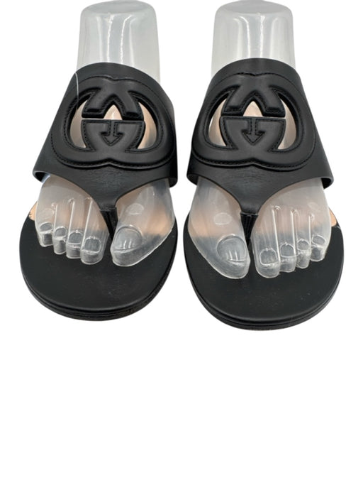 Gucci Shoe Size 38 Black Leather Stacked Heel Interlocking GG Thong Mule Sandals Black / 38