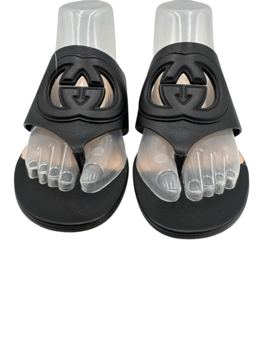 Gucci Shoe Size 38 Black Leather Stacked Heel Interlocking GG Thong Mule Sandals Black / 38