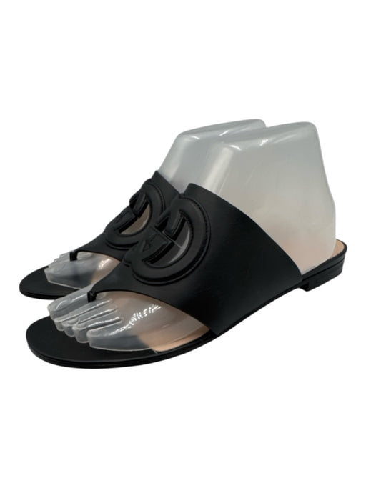Gucci Shoe Size 38 Black Leather Stacked Heel Interlocking GG Thong Mule Sandals Black / 38