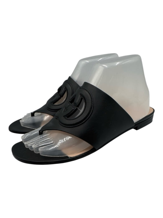 Gucci Shoe Size 38 Black Leather Stacked Heel Interlocking GG Thong Mule Sandals Black / 38