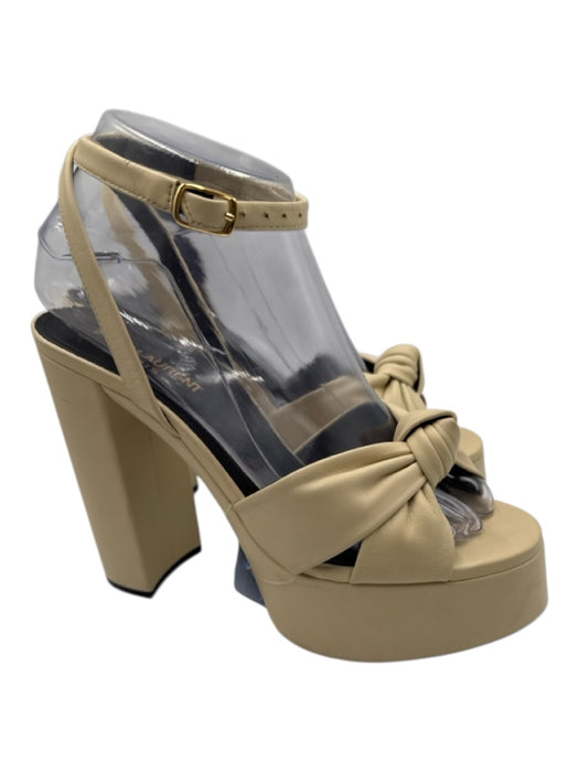 Saint Laurent Shoe Size 38 Beige Leather Ankle Wrap Knot Open Toe Platform Pumps Beige / 38