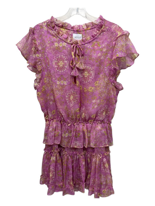 Misa Size L Pink & Multi Polyester floral print Ruffled Tiered Mini Dress Pink & Multi / L