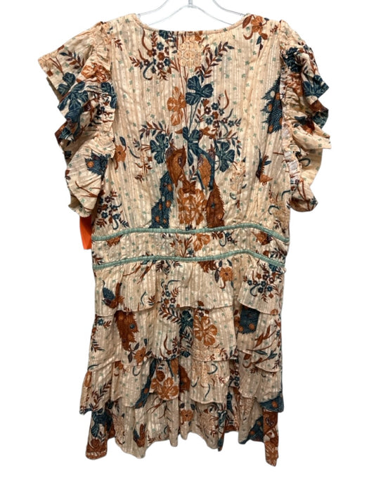 Ulla Johnson Size 16 Peach, Brown & Green Cotton Blend Short Ruffle Sleeve Dress Peach, Brown & Green / 16