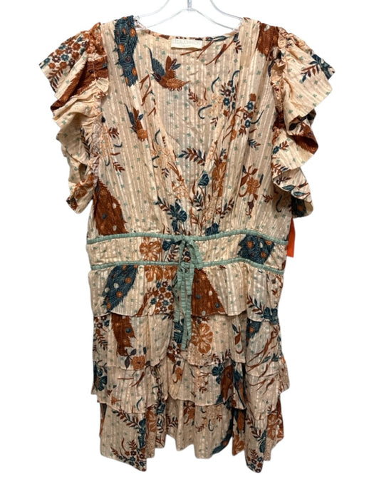Ulla Johnson Size 16 Peach, Brown & Green Cotton Blend Short Ruffle Sleeve Dress Peach, Brown & Green / 16