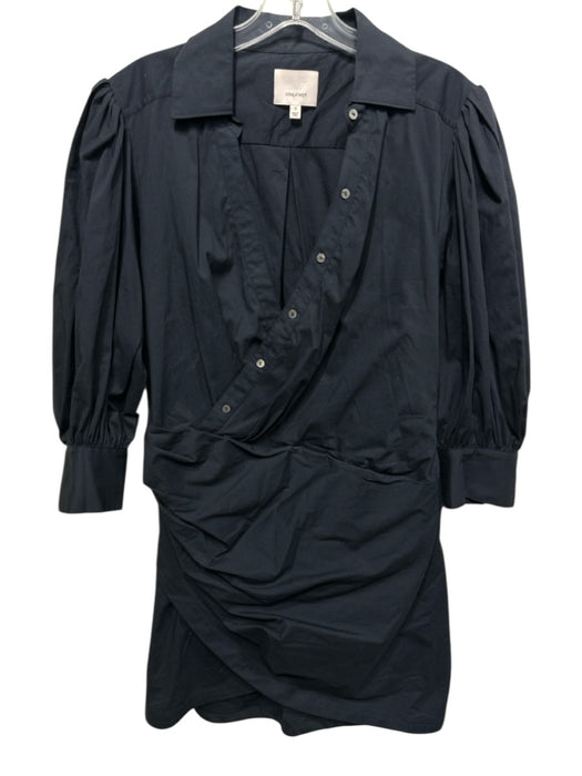 Cinq a Sept Size 12 Navy Cotton Blend Long Balloon Sleeve Surplice Dress Navy / 12