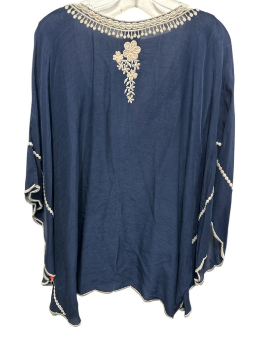 Johnny Was Size L Navy & Cream Cupro Rayon Caftan Floral Embroidery V Neck Top Navy & Cream / L