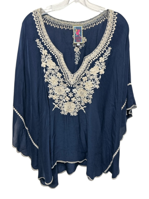 Johnny Was Size L Navy & Cream Cupro Rayon Caftan Floral Embroidery V Neck Top Navy & Cream / L