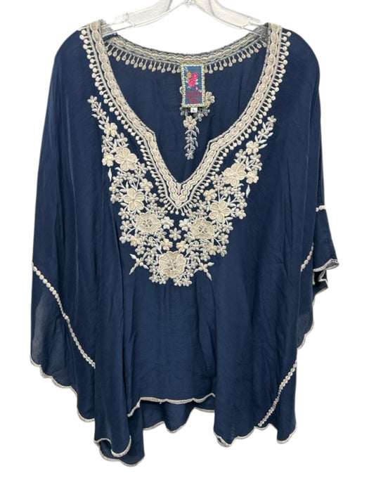 Johnny Was Size L Navy & Cream Cupro Rayon Caftan Floral Embroidery V Neck Top Navy & Cream / L