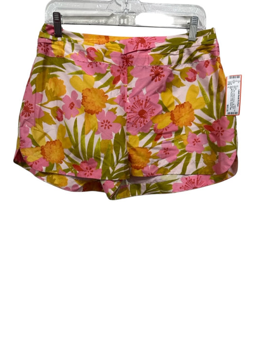 PJK Size L Pink, Yellow & Green Silk Back Zip Floral Ruched Waist Shorts Pink, Yellow & Green / L