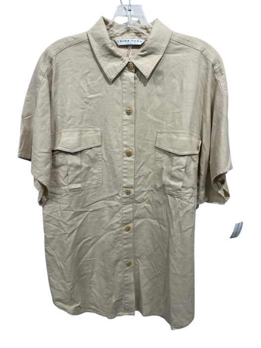 Trina Turk Size XL Khaki Linen Blend Patch Pocket Button Front Collared Top Khaki / XL