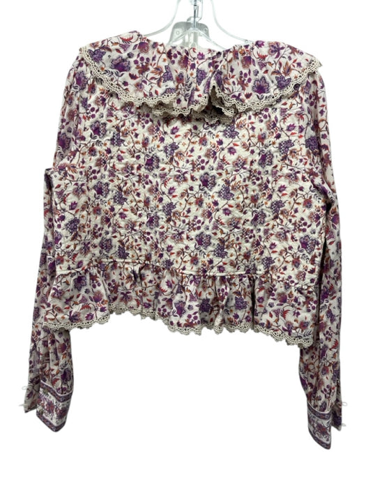 Sezane Size 42 Cream, Purple & Multi Cotton Button Peplum Floral Short Set Cream, Purple & Multi / 42