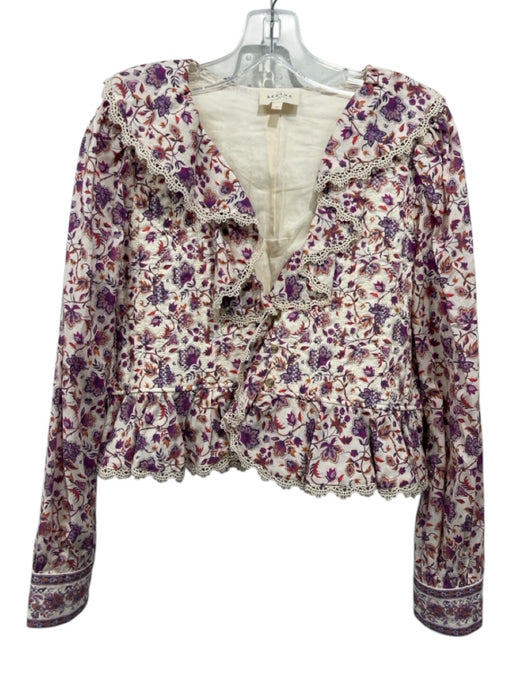 Sezane Size 42 Cream, Purple & Multi Cotton Button Peplum Floral Short Set Cream, Purple & Multi / 42