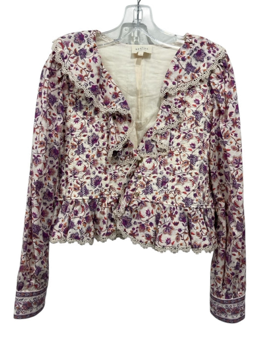 Sezane Size 42 Cream, Purple & Multi Cotton Button Peplum Floral Short Set Cream, Purple & Multi / 42